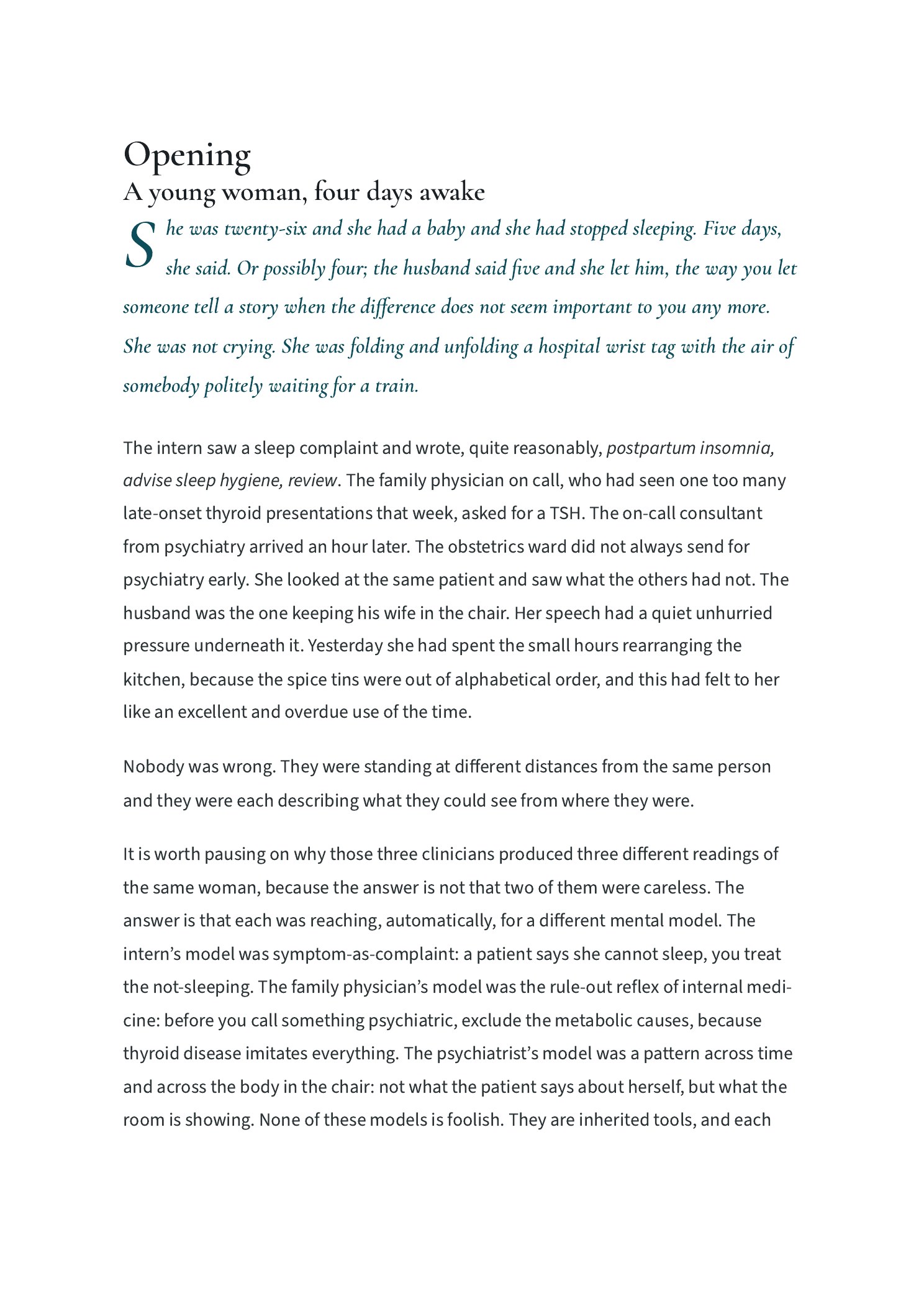 Opening chapter — A young woman, four days awake