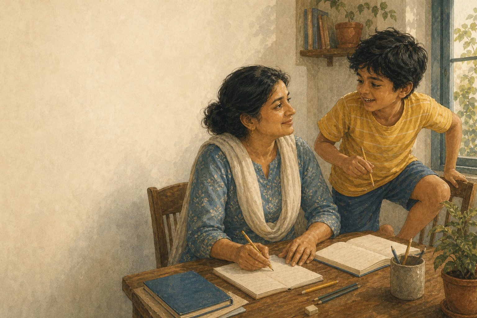 Ek maa aur uska beta lambe din ke aakhir mein, paas aur thake, phir bhi ek hi taraf.