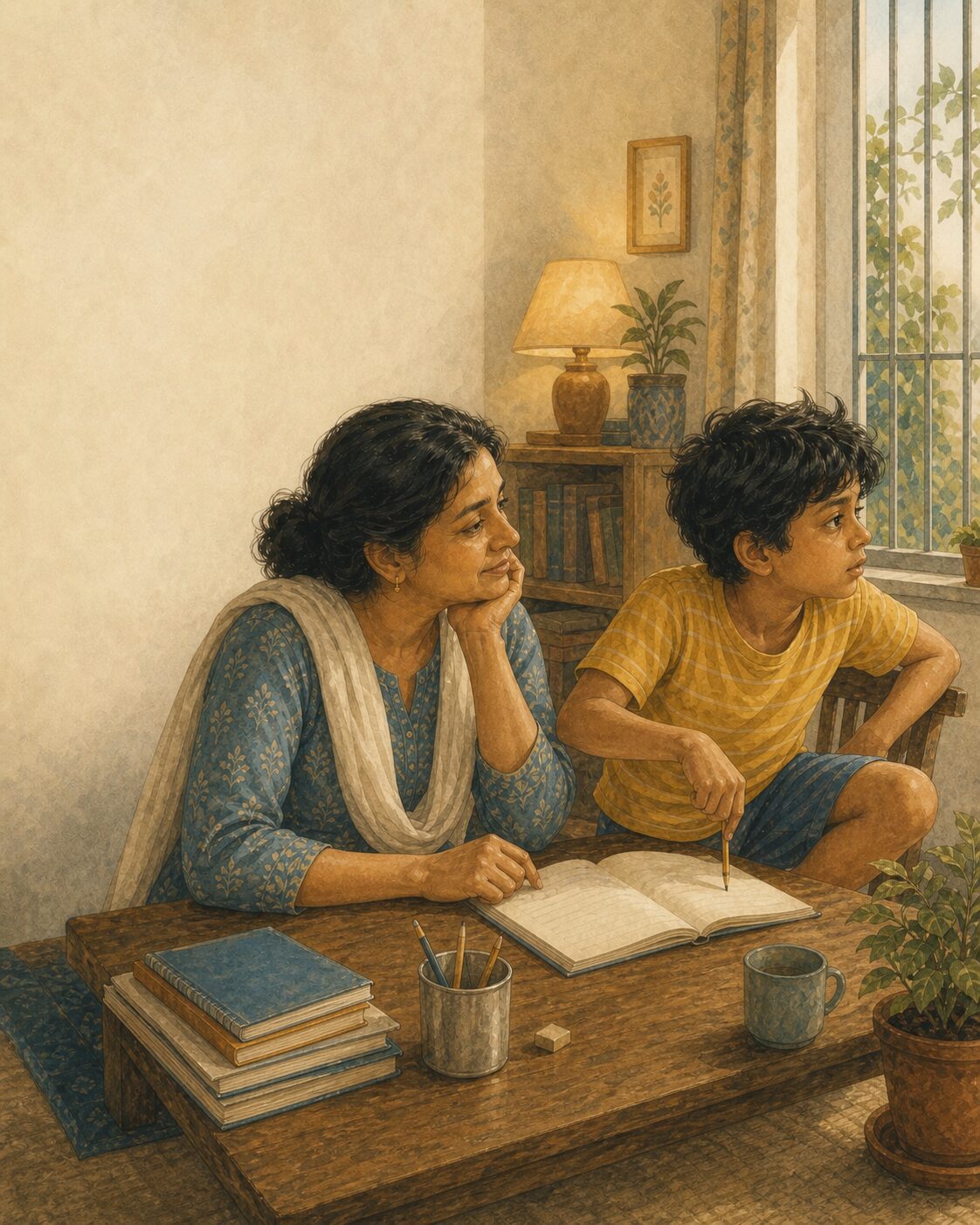 Aarav apni kitaabon ke saamne, aur ek shaam jo haath se phisalti jaati hai.