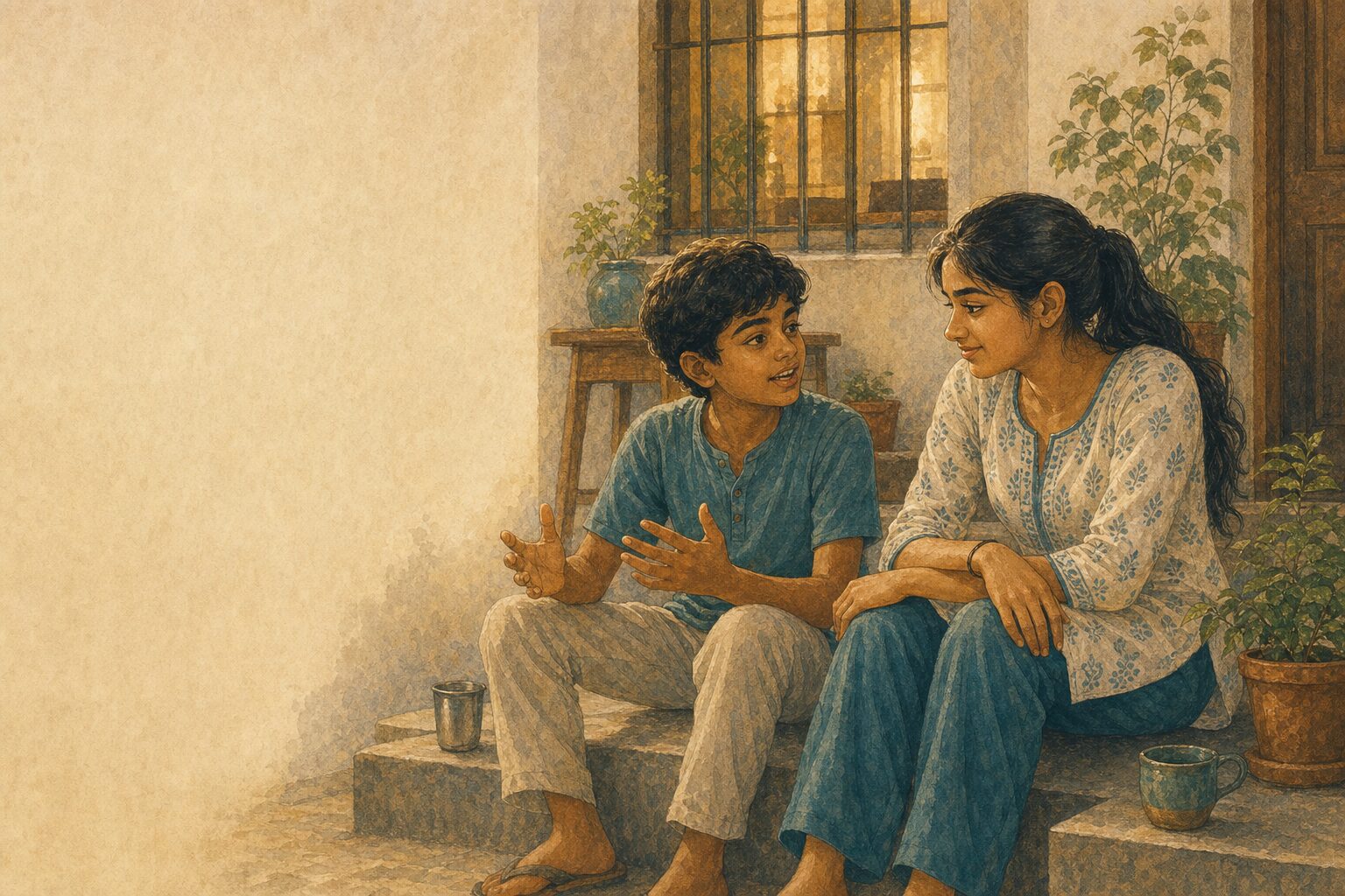 Do bhai-behen shaam ki seedhiyon par, paas aur sahaj, ek apne hisse se thoda zyada uthaane ki aadi.
