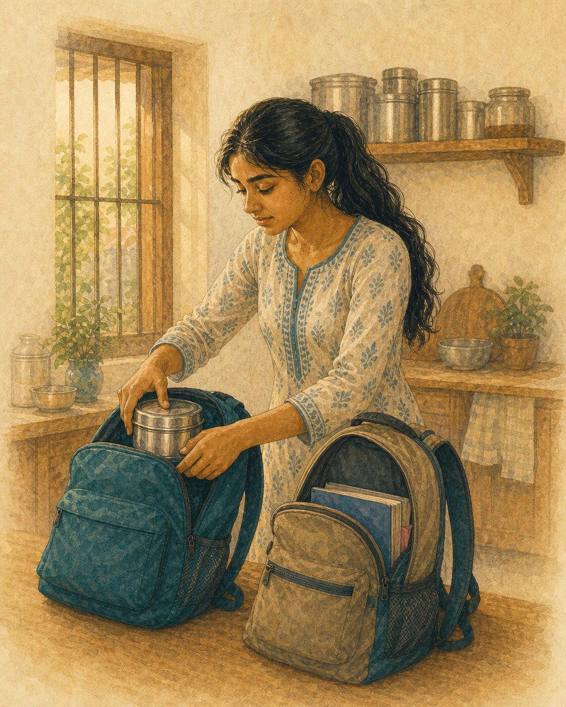 Kavya, school se pehle do baste taiyaar karti hui, chhoti umar mein hi woh banna seekhti hui jise sab yaad rehta hai.