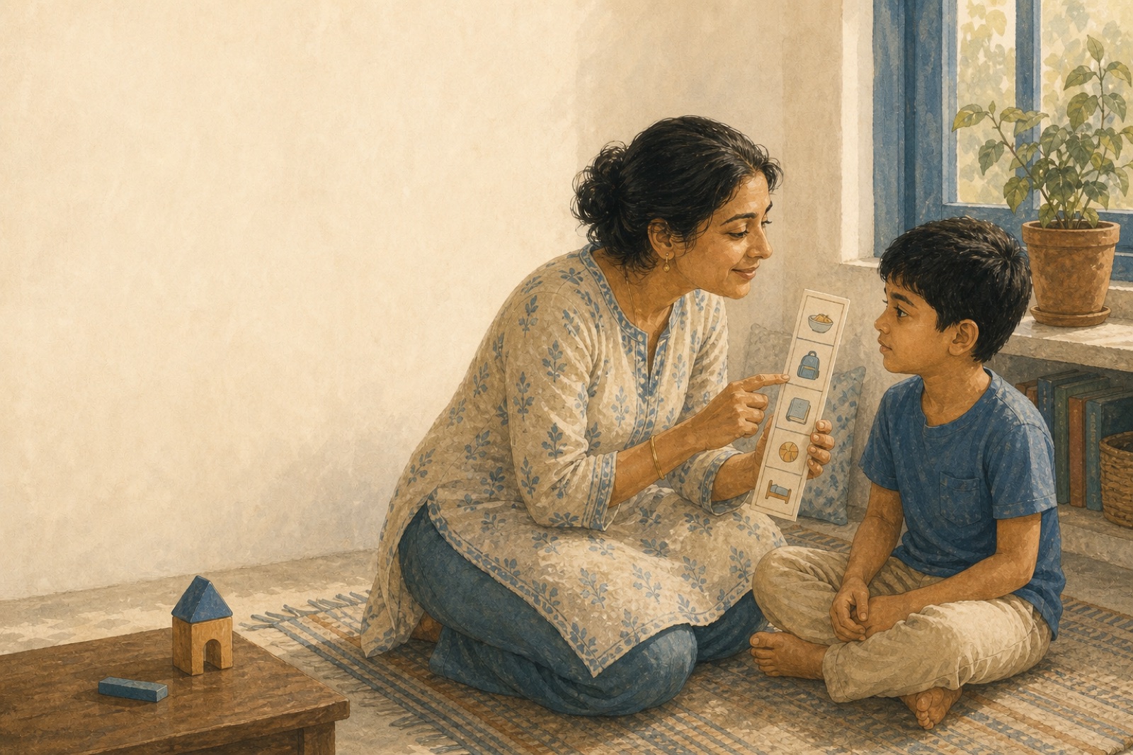 A parent and child sharing a calm, unhurried moment, on the same side.