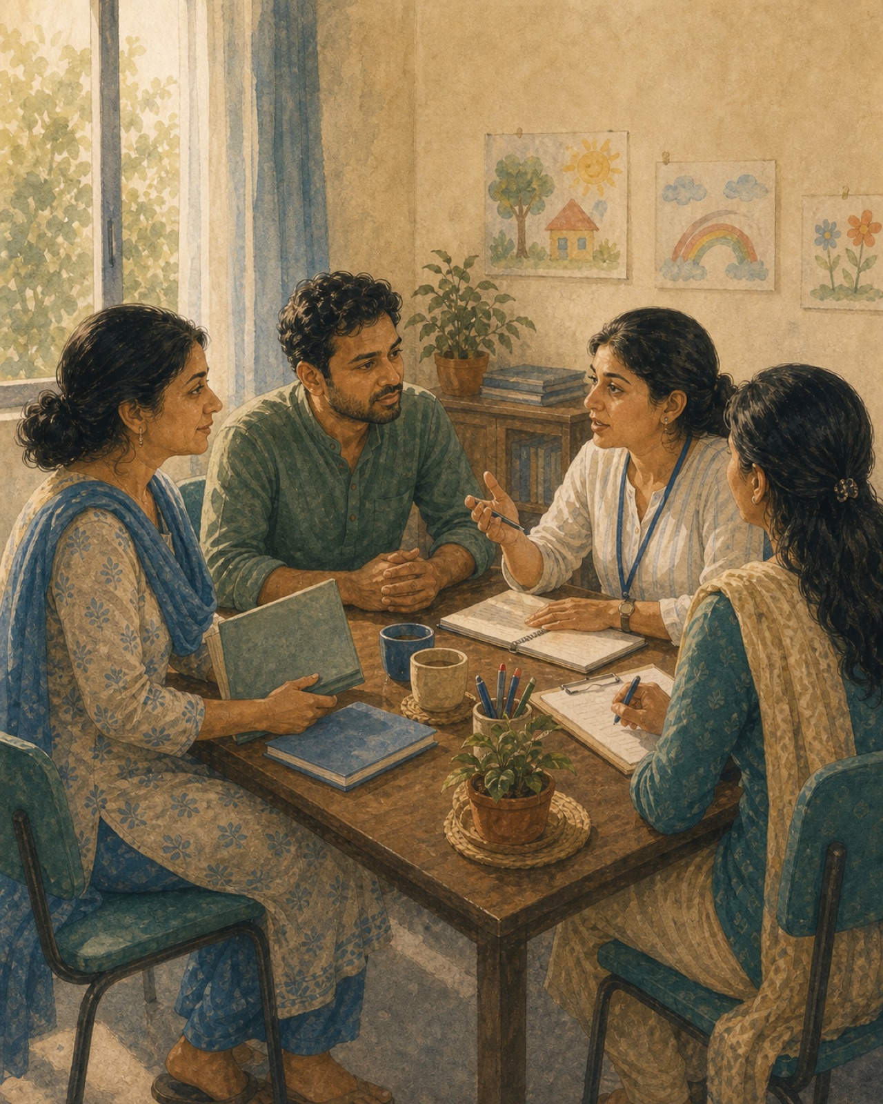 Priya and Vihaan's teacher, building a plan together.