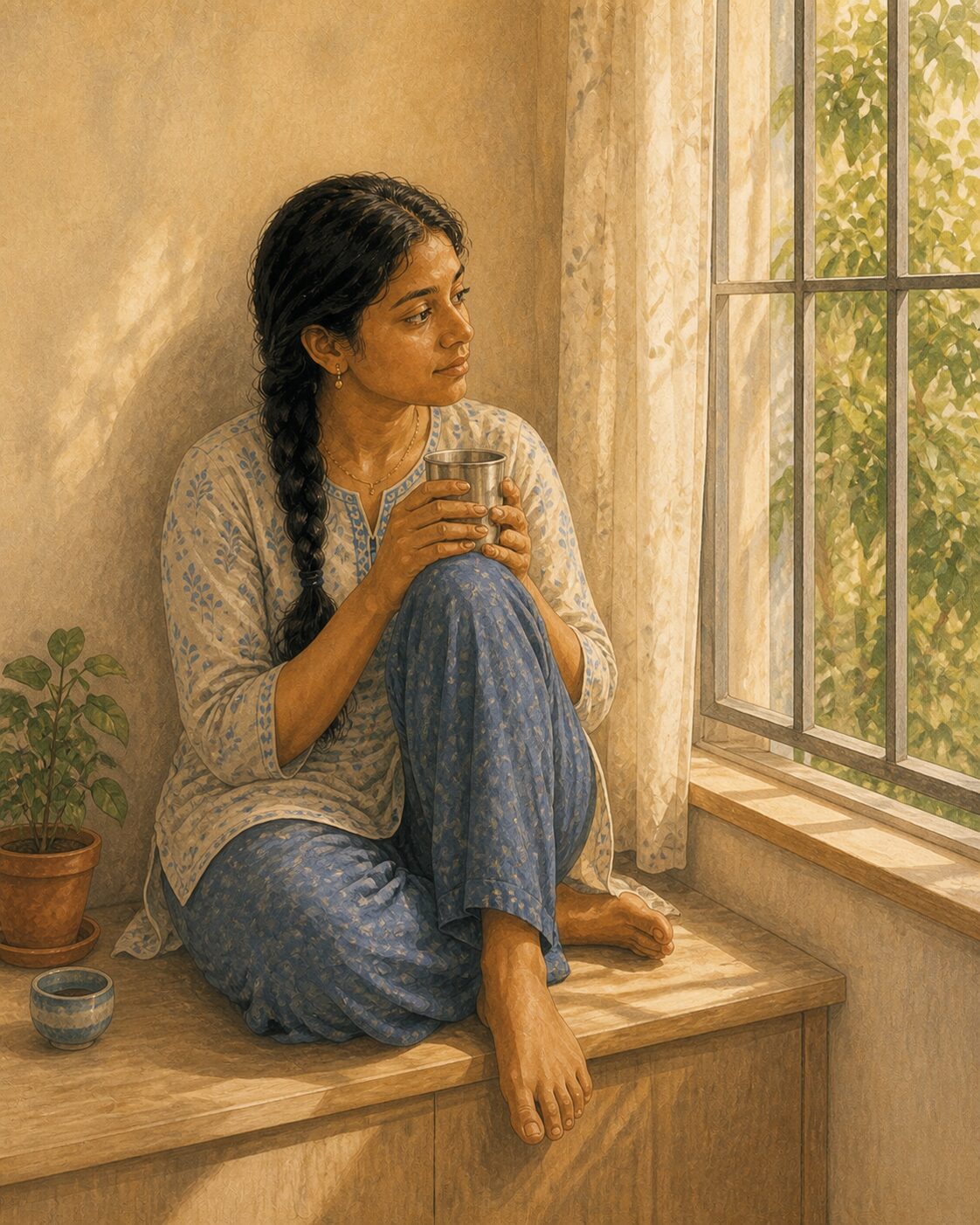 Riya, sixteen, who learned early to take up less space.