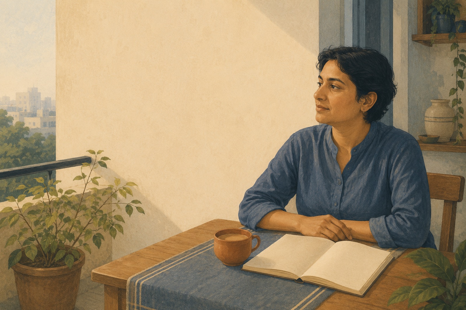 A calm daily routine in warm light, an ordinary and steady moment.