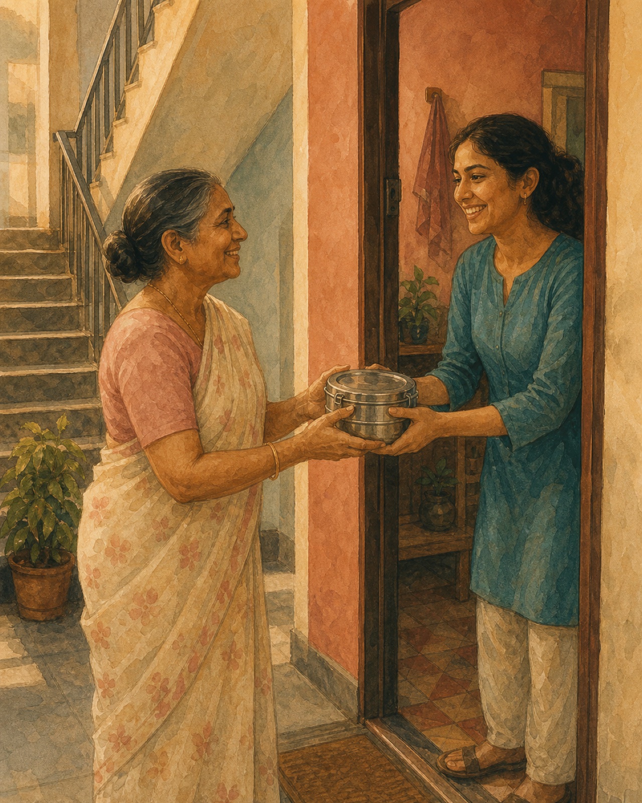 A quiet cup of chai across the wall. Small, steady contact is where welcome begins.