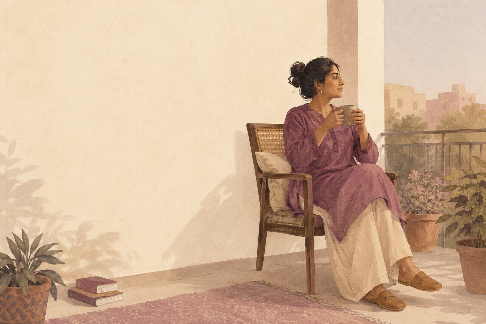 An adult at an ordinary table in soft light, easy and unhurried, present with the people around them.