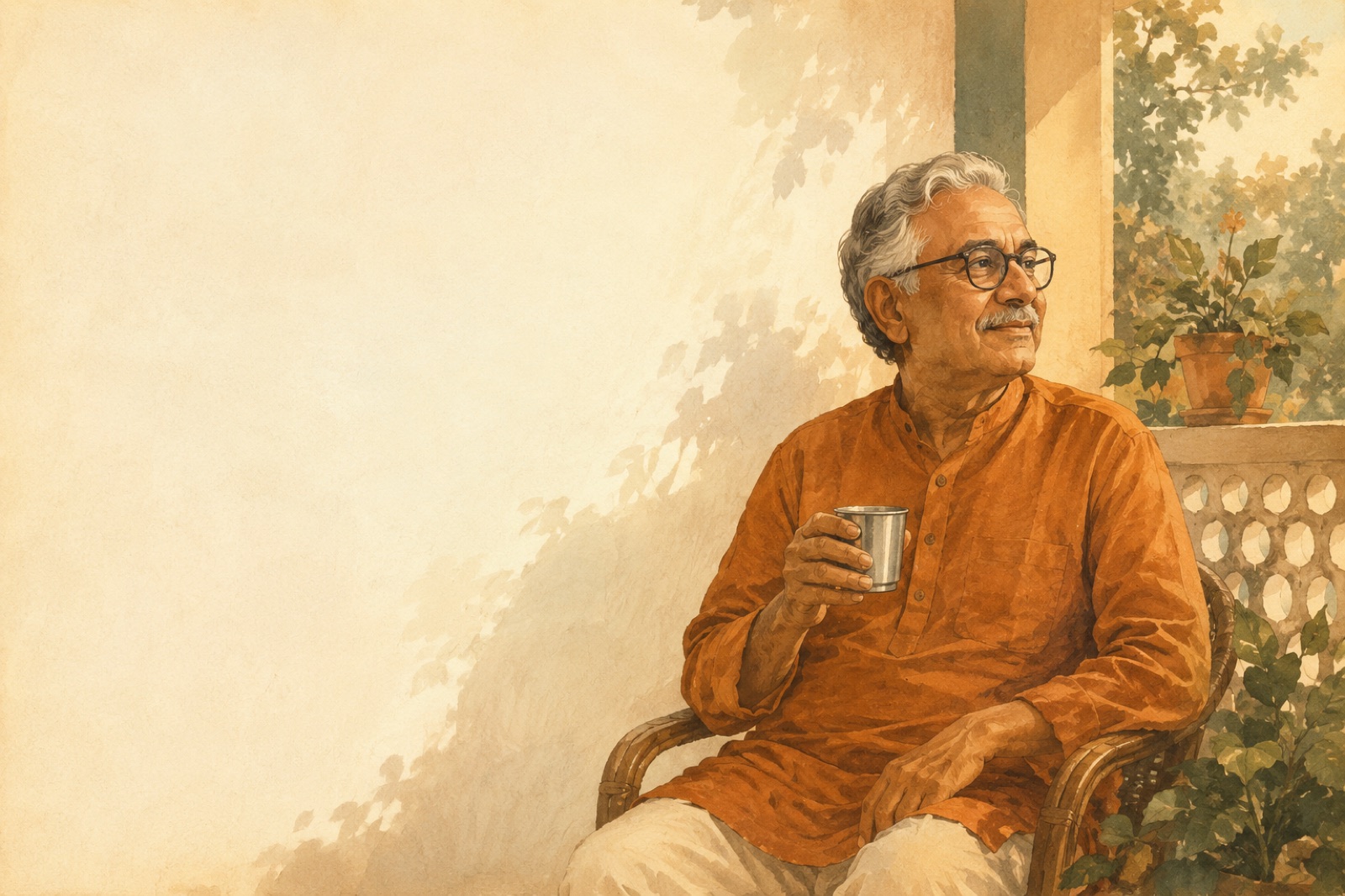 An older adult and a family member sharing a calm, ordinary moment together in soft warm light.