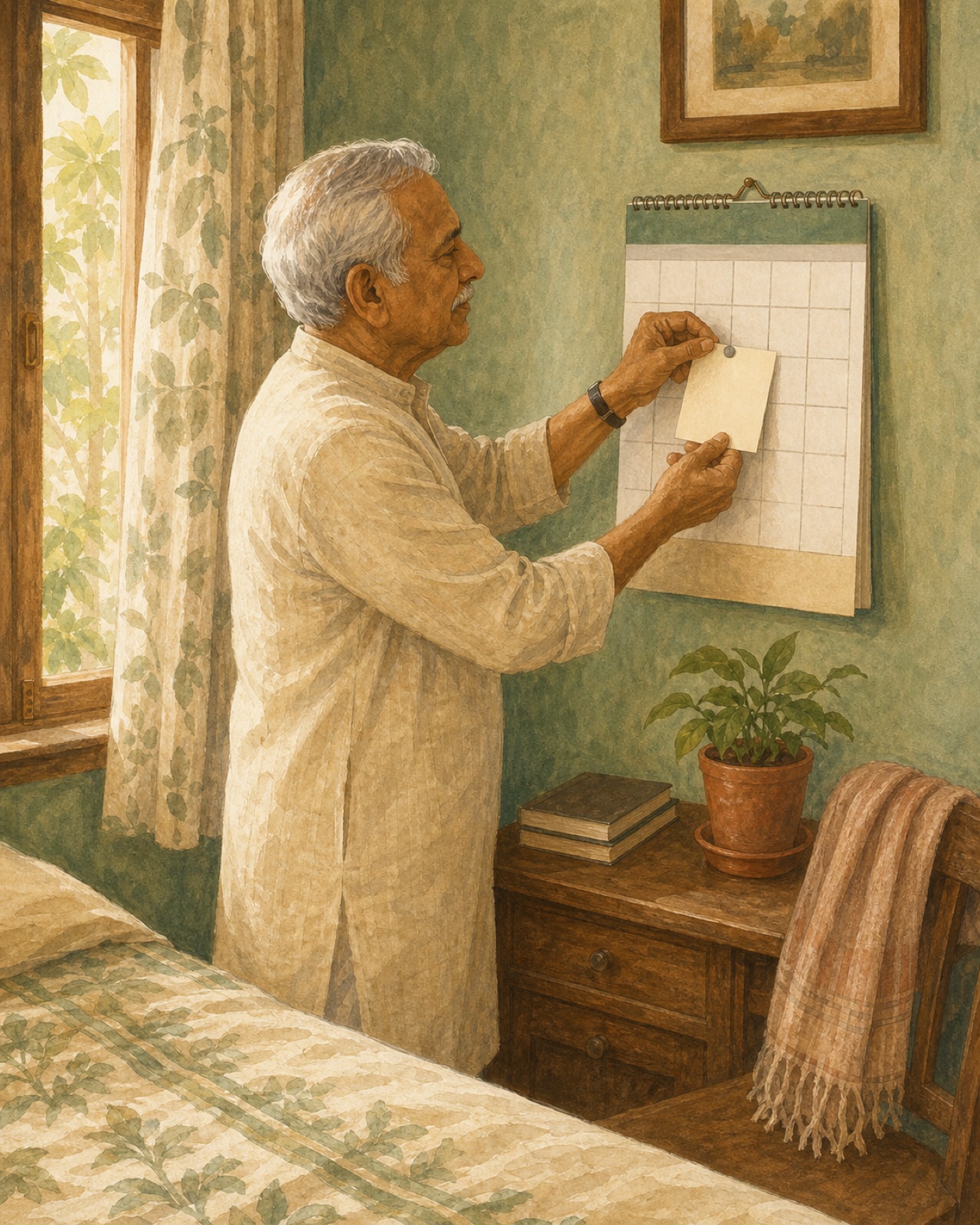 An ordinary steady moment at home, a calendar on the wall, keys on their hook.