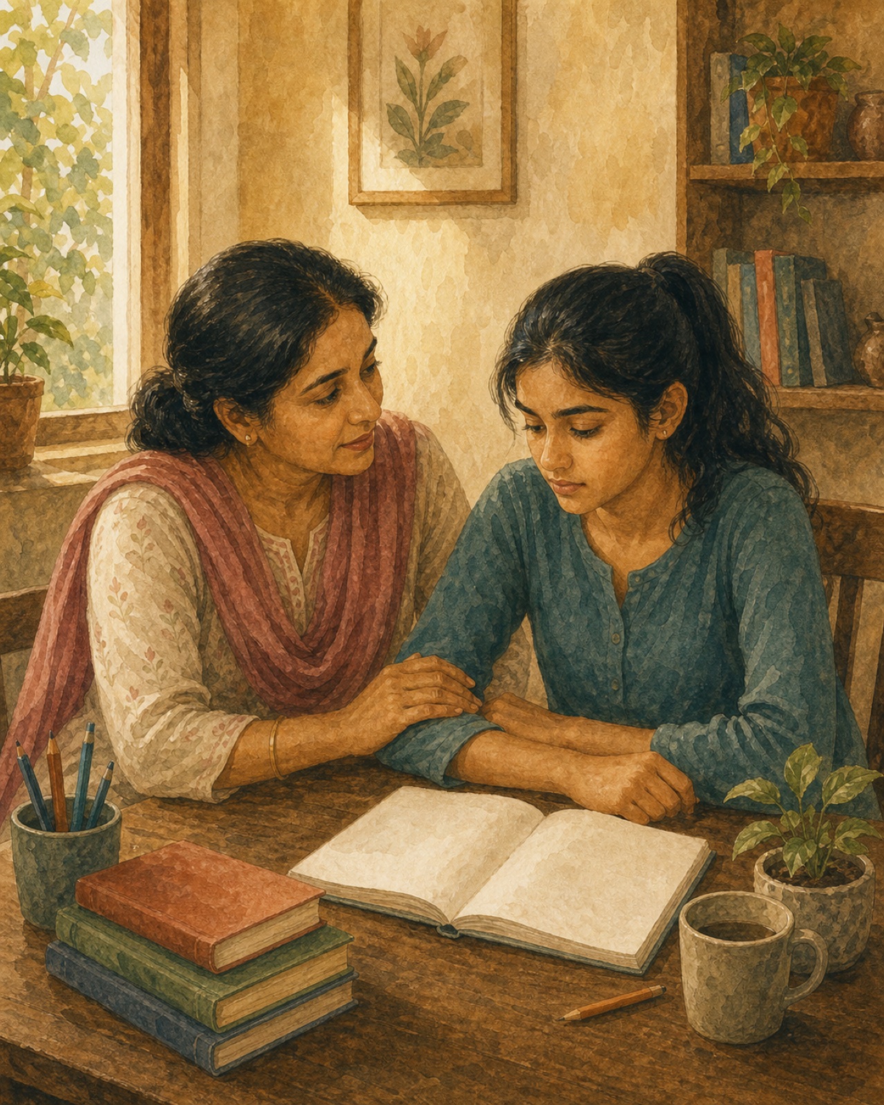 Ek shaant maa ya baap chinta mein atke bachche ke saath, dar ko badhaane ke bajaye uska saamna saath karte hue.