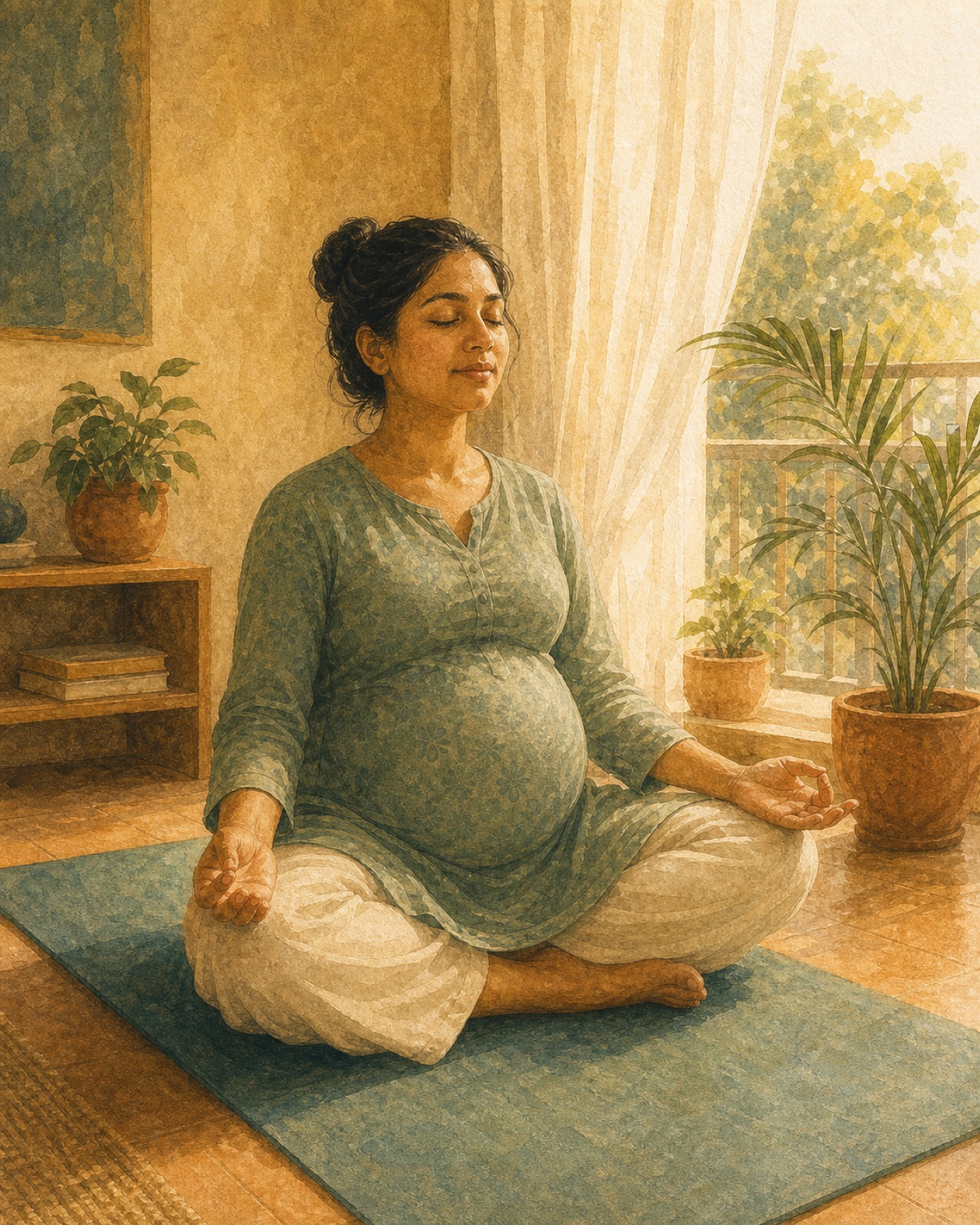 A quiet, steady moment for a new mother at home, ordinary and calm.