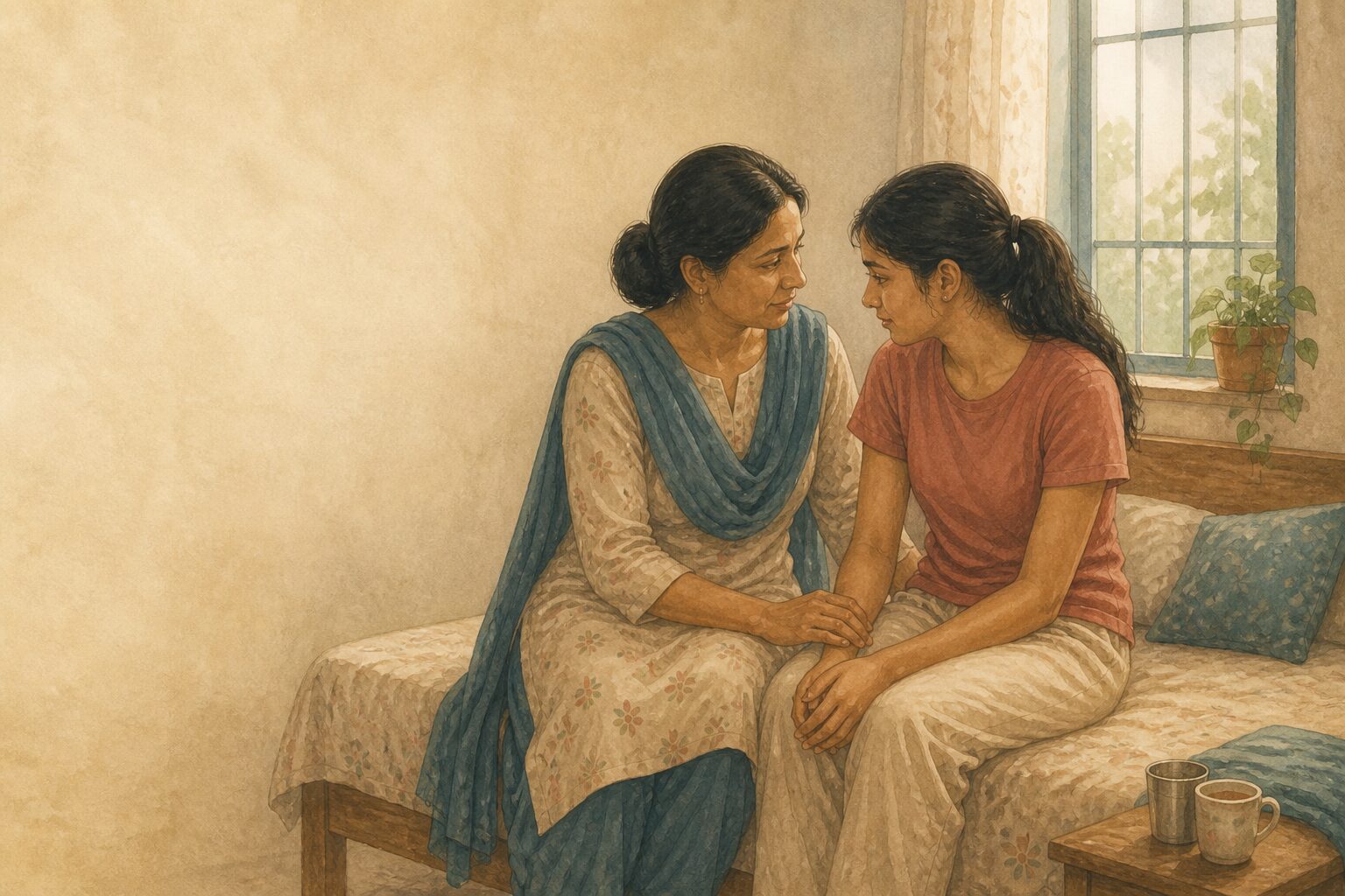A steady parent sitting close to a hurting young person, present and calm, ready to listen.