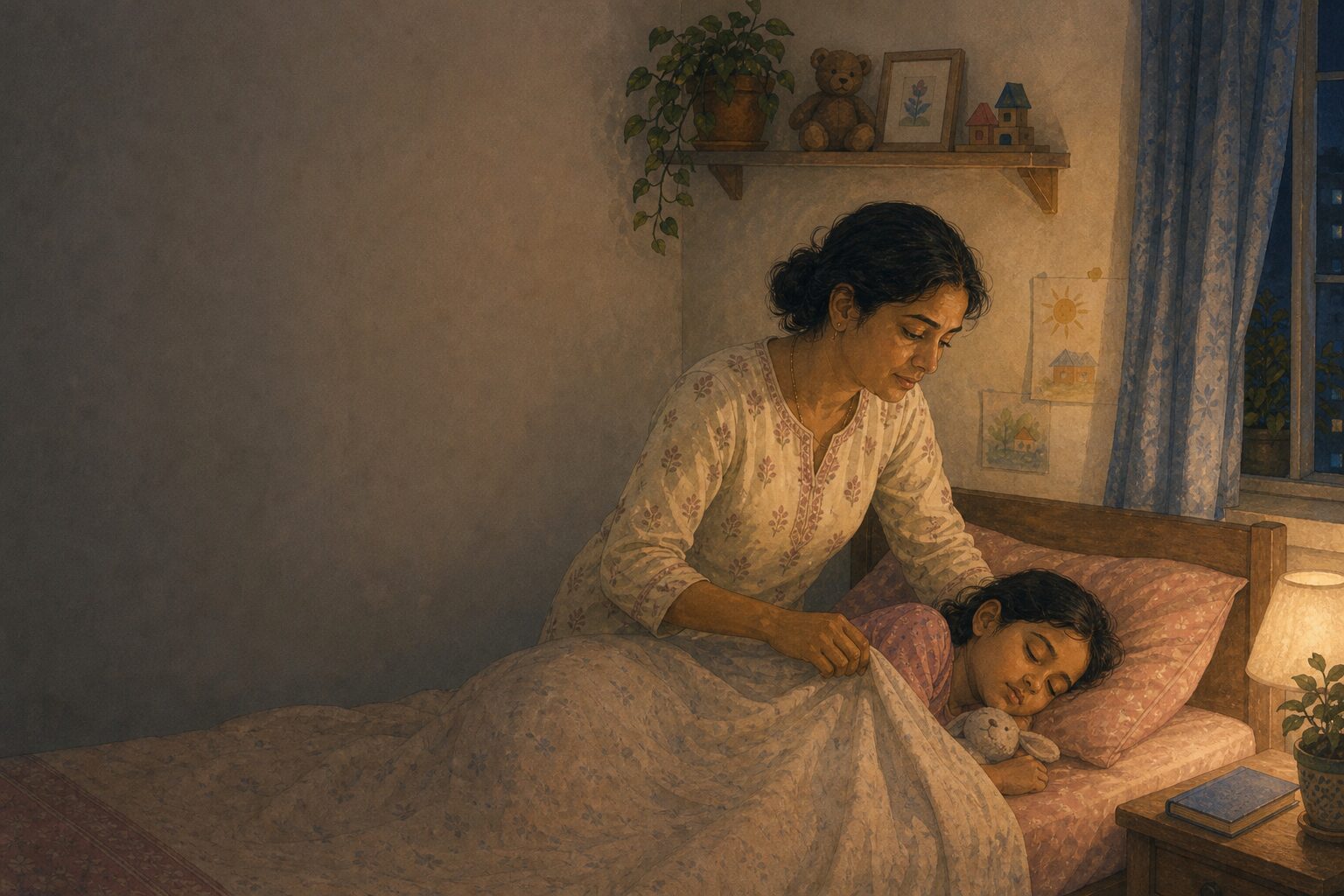 A parent and a wakeful child in the quiet of night, close and calm, waiting for sleep to come.