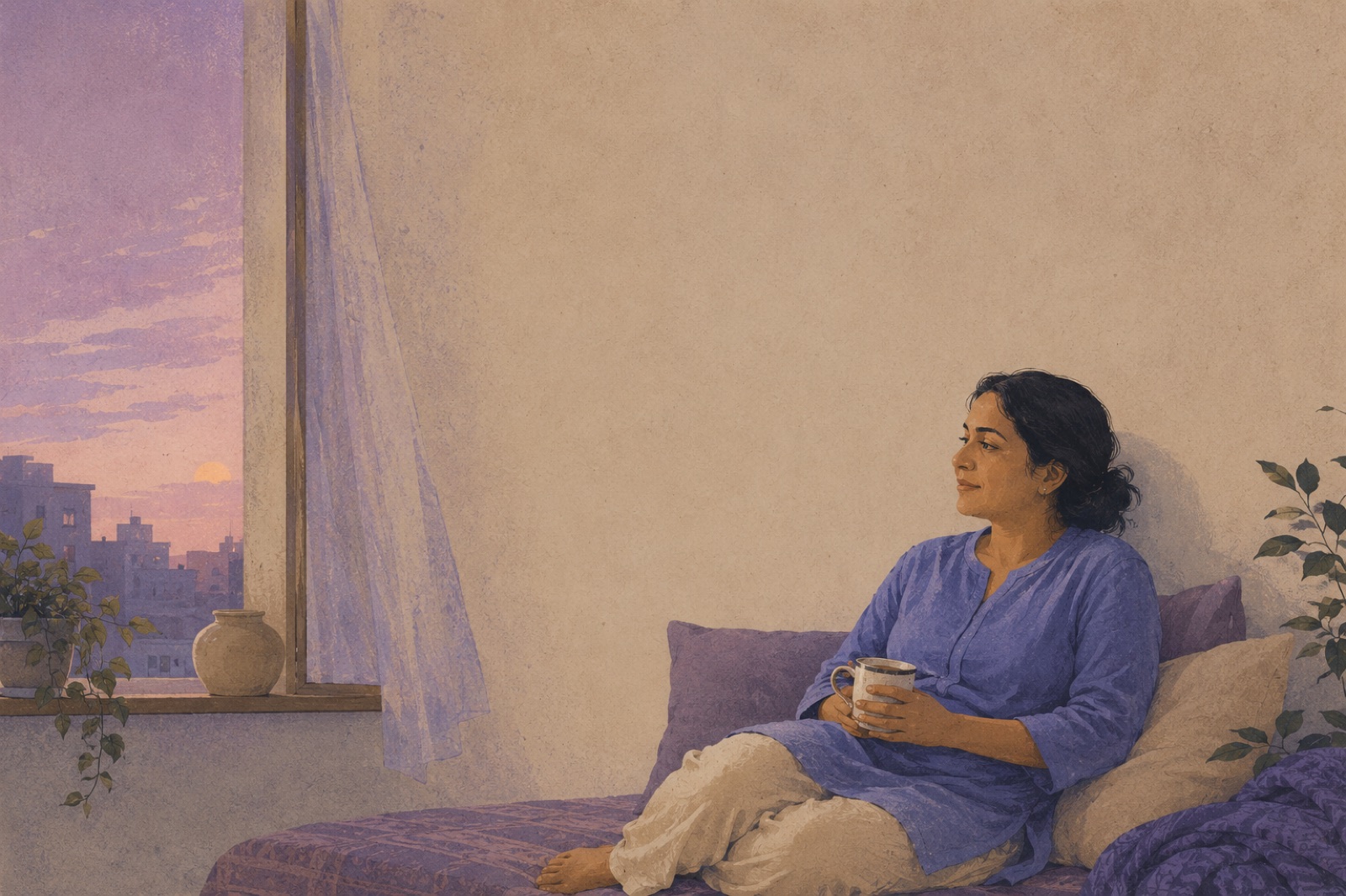 An adult resting easy again in soft low light, present in an ordinary evening.