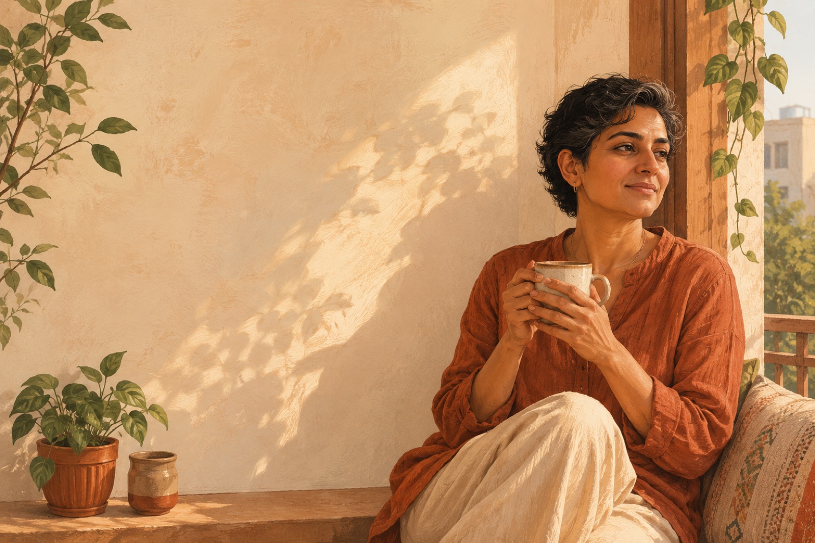 An adult standing on steady ground in soft morning light, safe in the present.