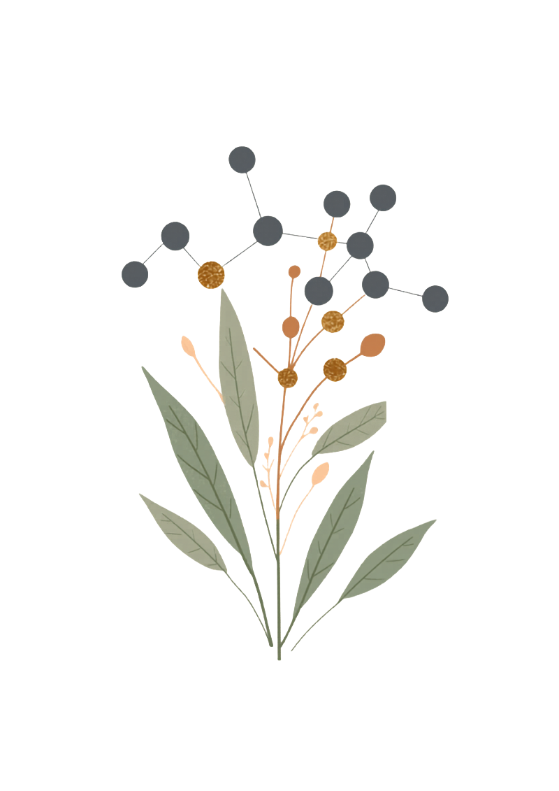 Abstract illustration of molecules and natural leaves