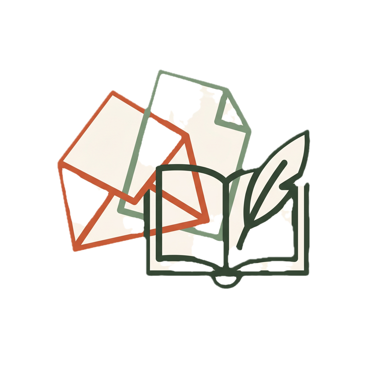 Three overlapping shapes, an envelope, a folded letter, and an open page, in cream, sage, and terracotta