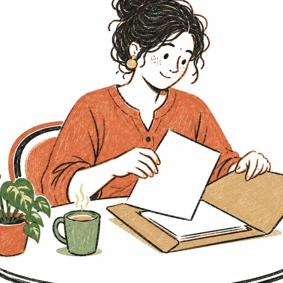 A person at a table putting a few papers into a folder, a cup nearby.