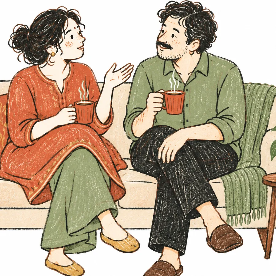A couple sitting side by side on a sofa with cups of chai, one turned to listen to the other.