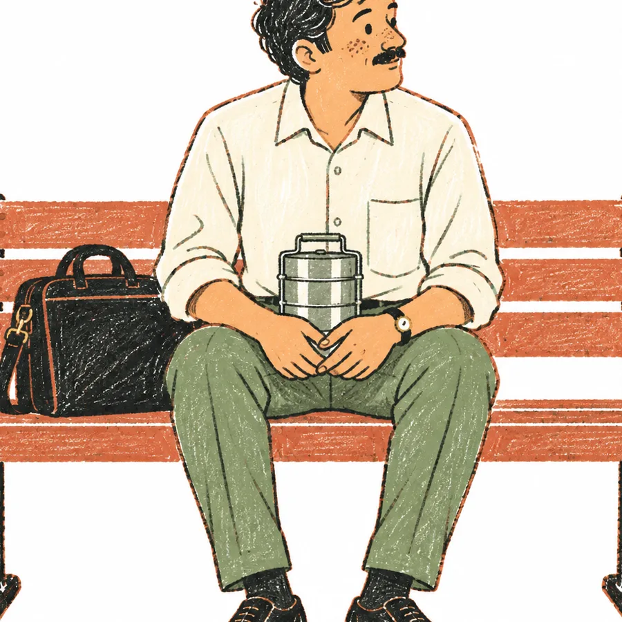 A man in office clothes sitting on a platform bench with a laptop bag and a steel tiffin.