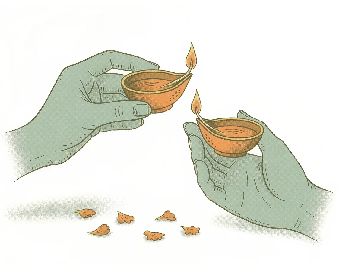 Hand-drawn hands passing a flame from one lit diya to another
