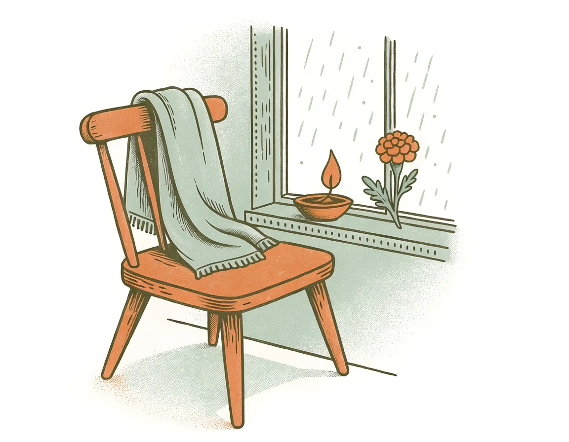 Hand-drawn empty wooden chair with a folded shawl beside a rainy window, a lit diya on the sill
