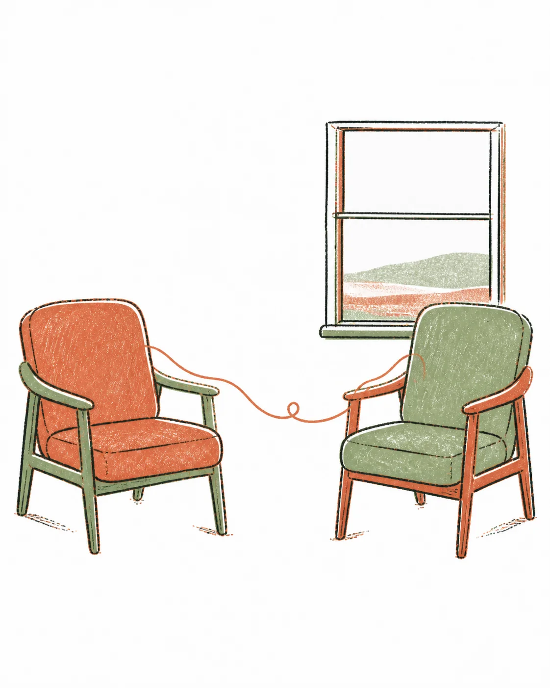 Hand-drawn pair of chairs joined by a thread, one beside a window