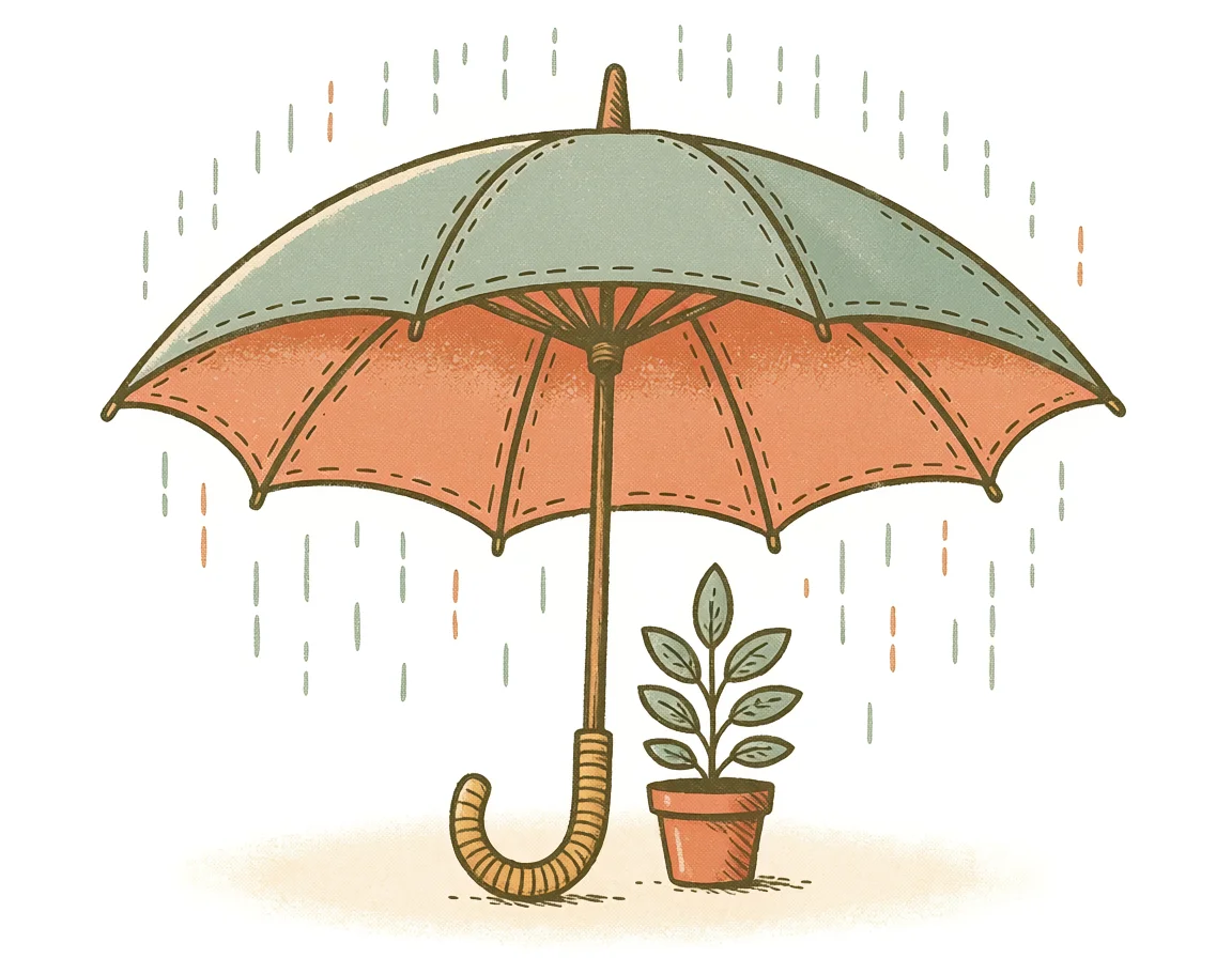 Hand-drawn open umbrella sheltering a small potted plant from rain