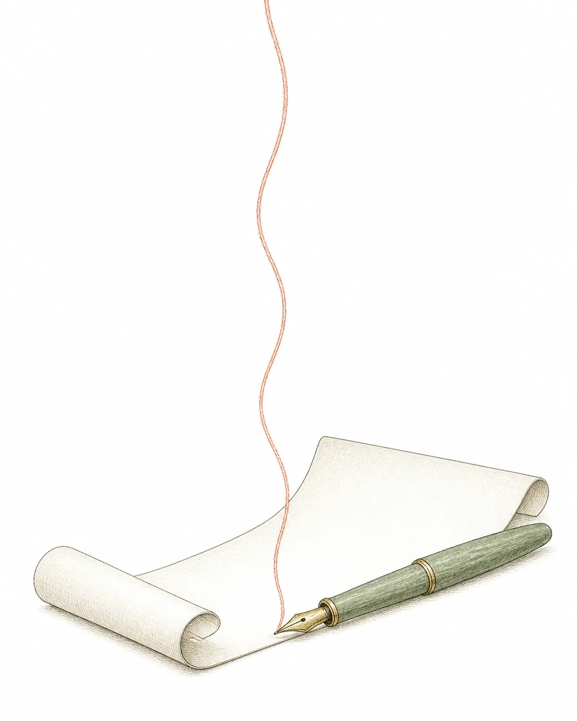 Pen beside a quiet rising thread