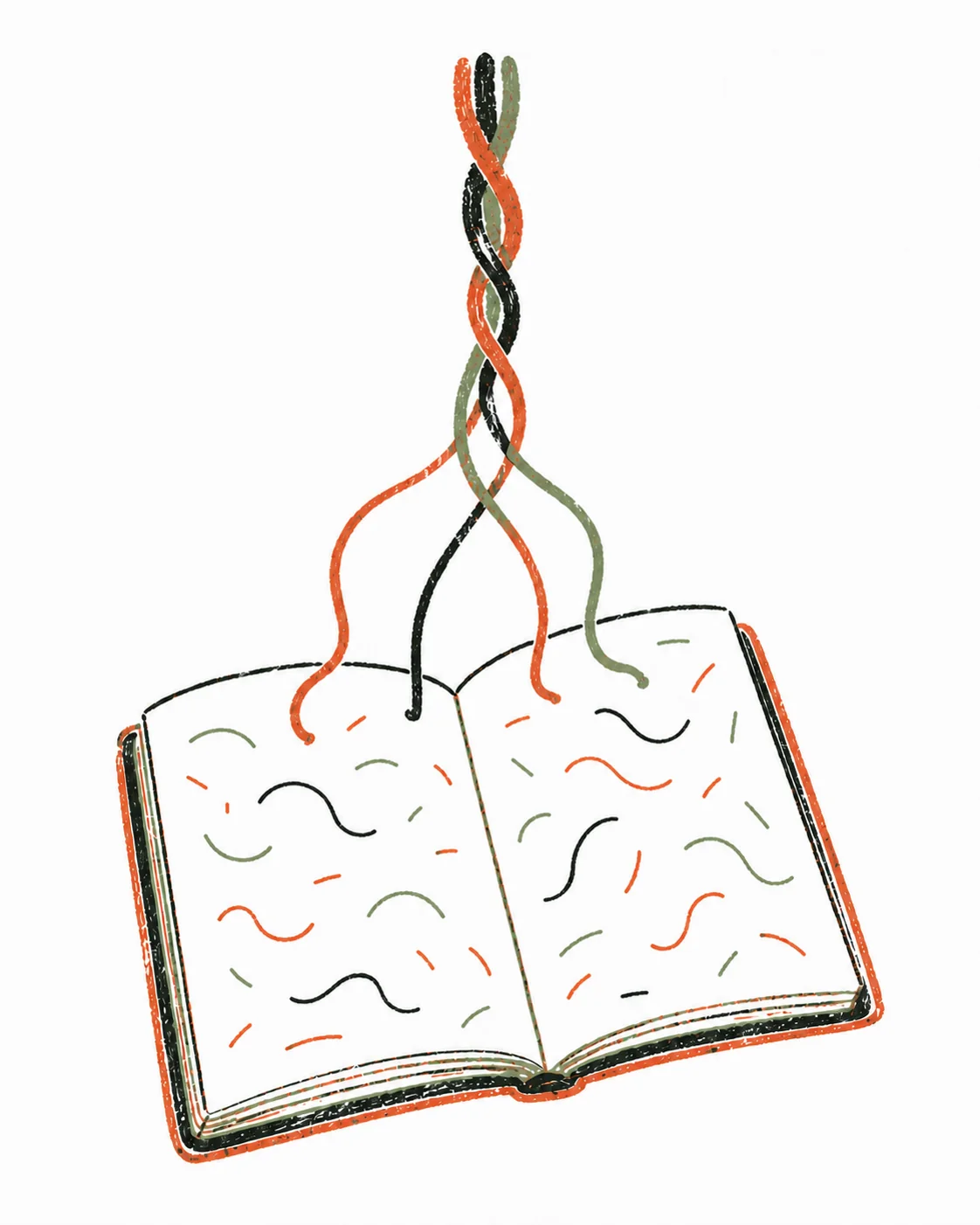 Hand-drawn open book with woven paths of learning