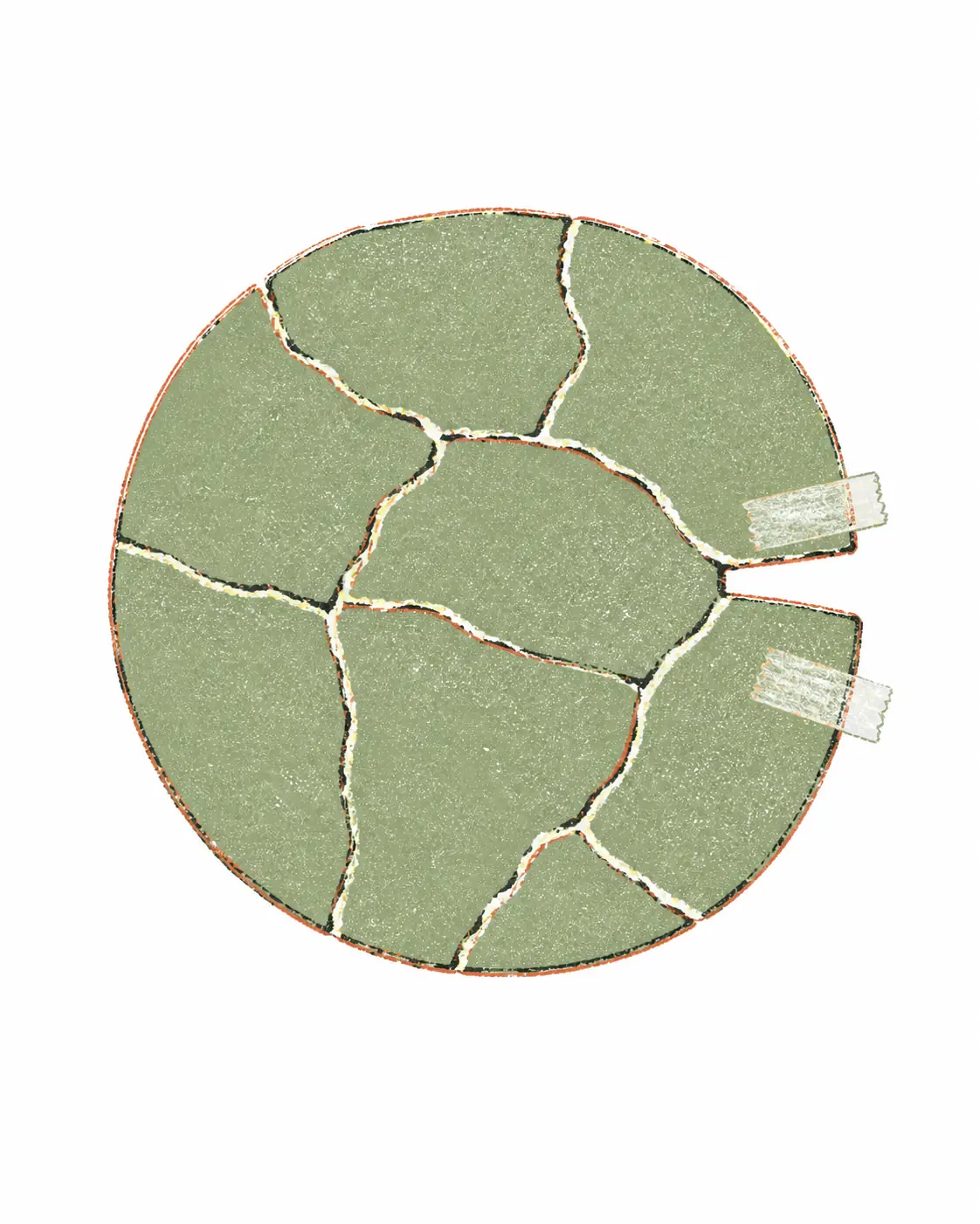 Hand-drawn illustration of a torn paper circle being taped back together