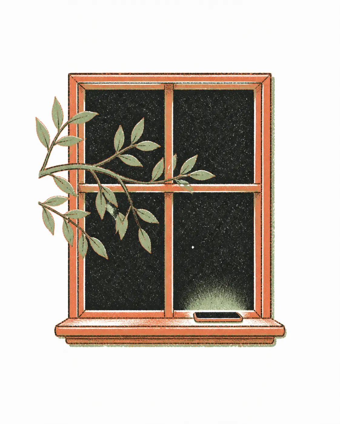 Hand-drawn illustration of a leafed branch outside a night window and a phone resting on the sill