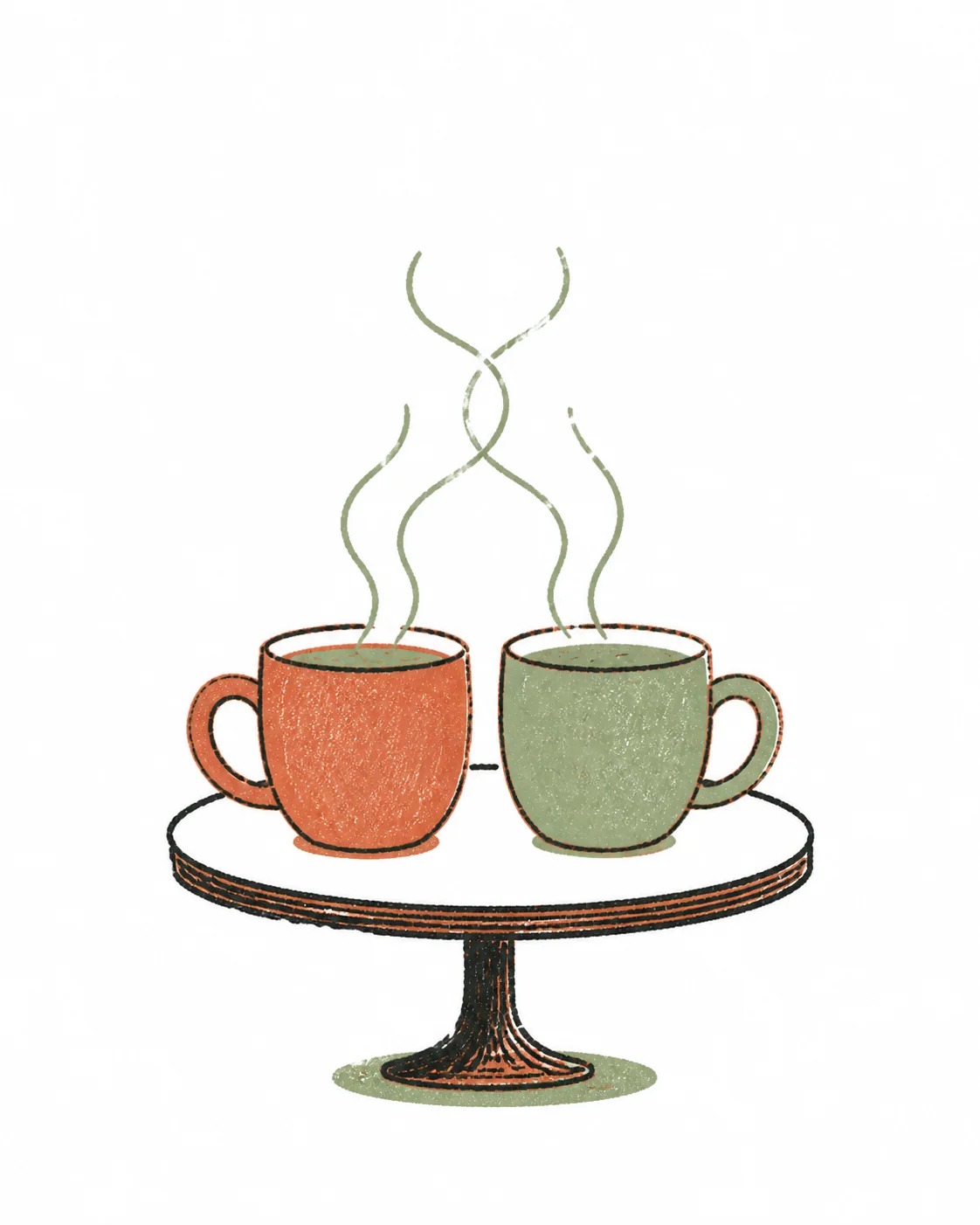 Hand-drawn illustration of two steaming cups close together on a shared table