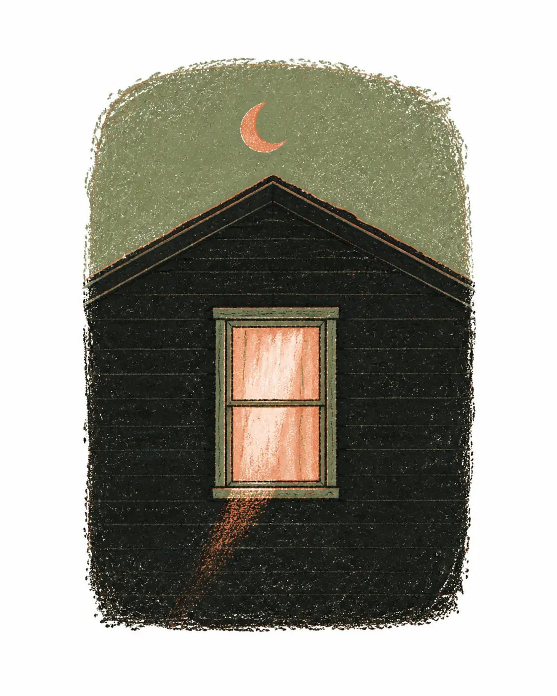 Hand-drawn illustration of a single lit window in a dark house under a crescent moon