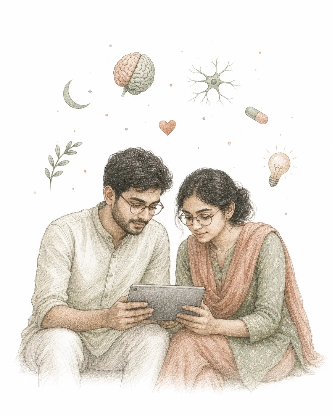 Hand-drawn illustration of two psychiatry residents reading a tablet together, with a brain, a neuron, and other gentle motifs drifting from the screen