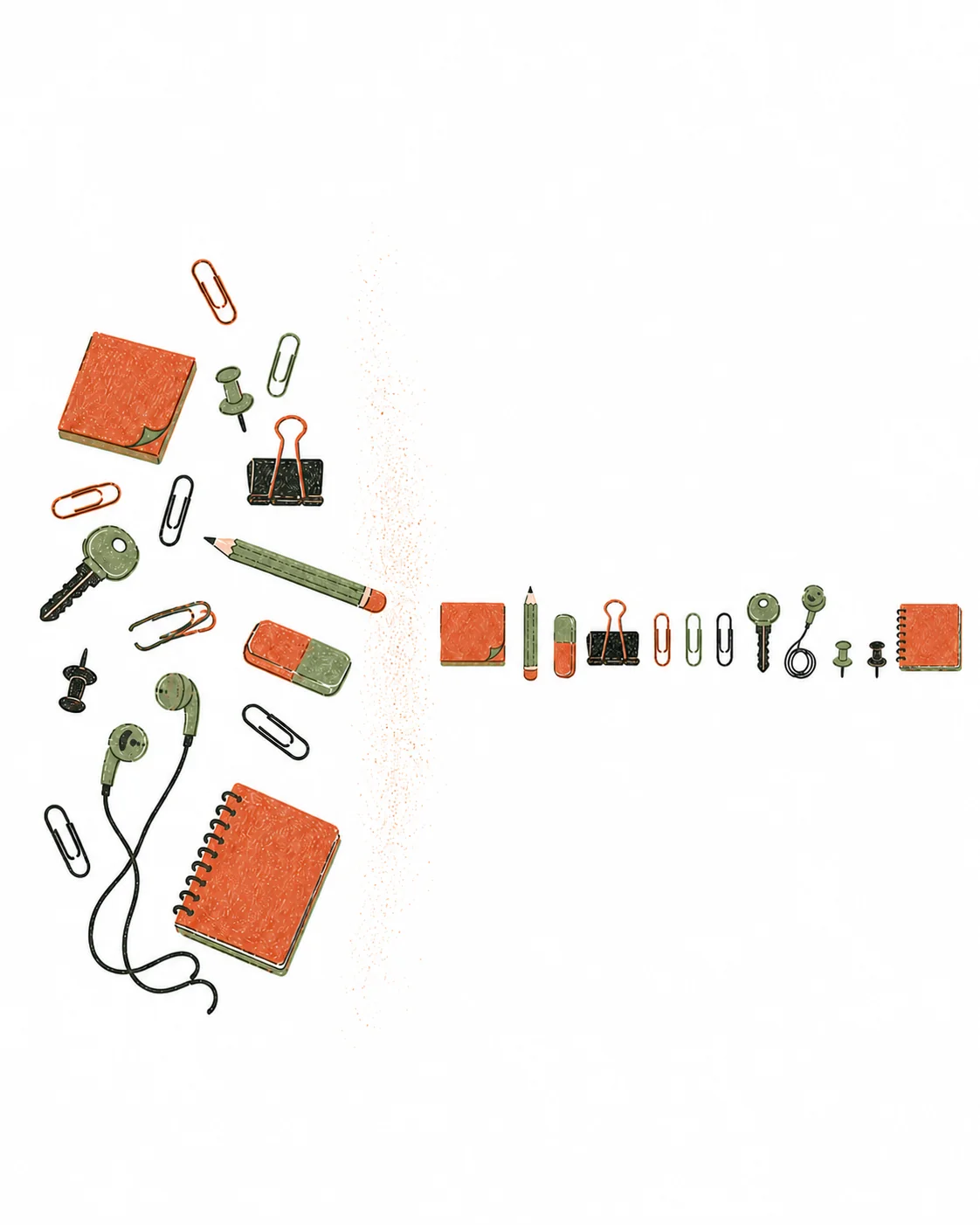 Hand-drawn desk with scattered objects on one side arranged into a neat row on the other
