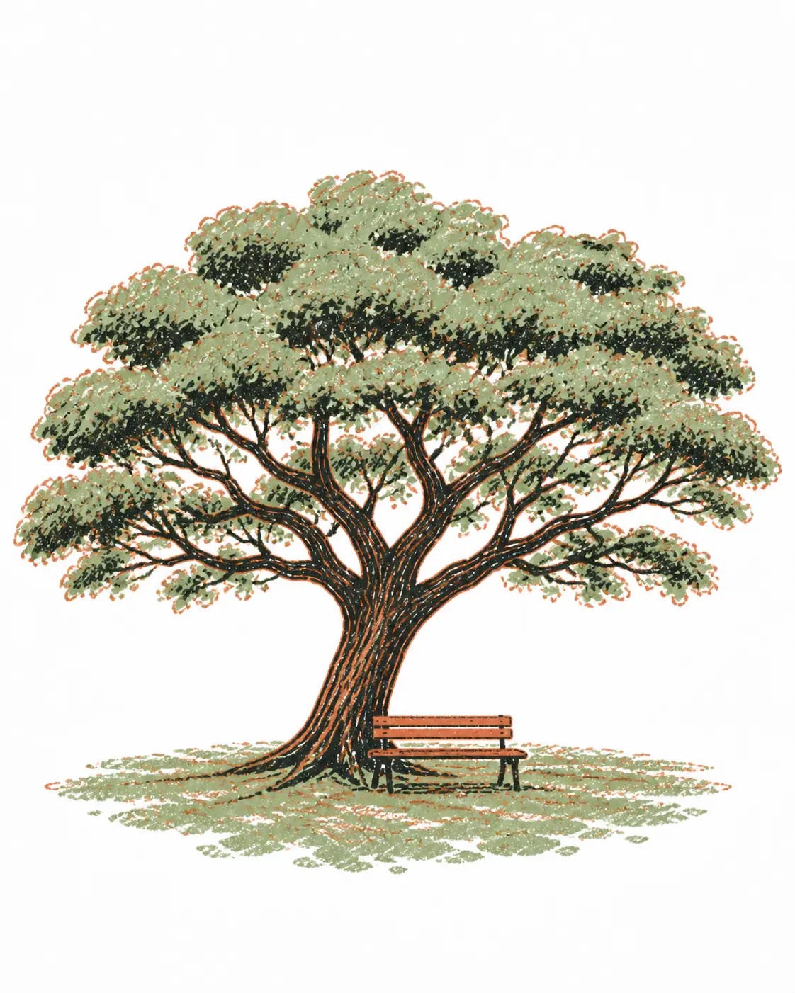 Hand-drawn rain tree spreading over a bench