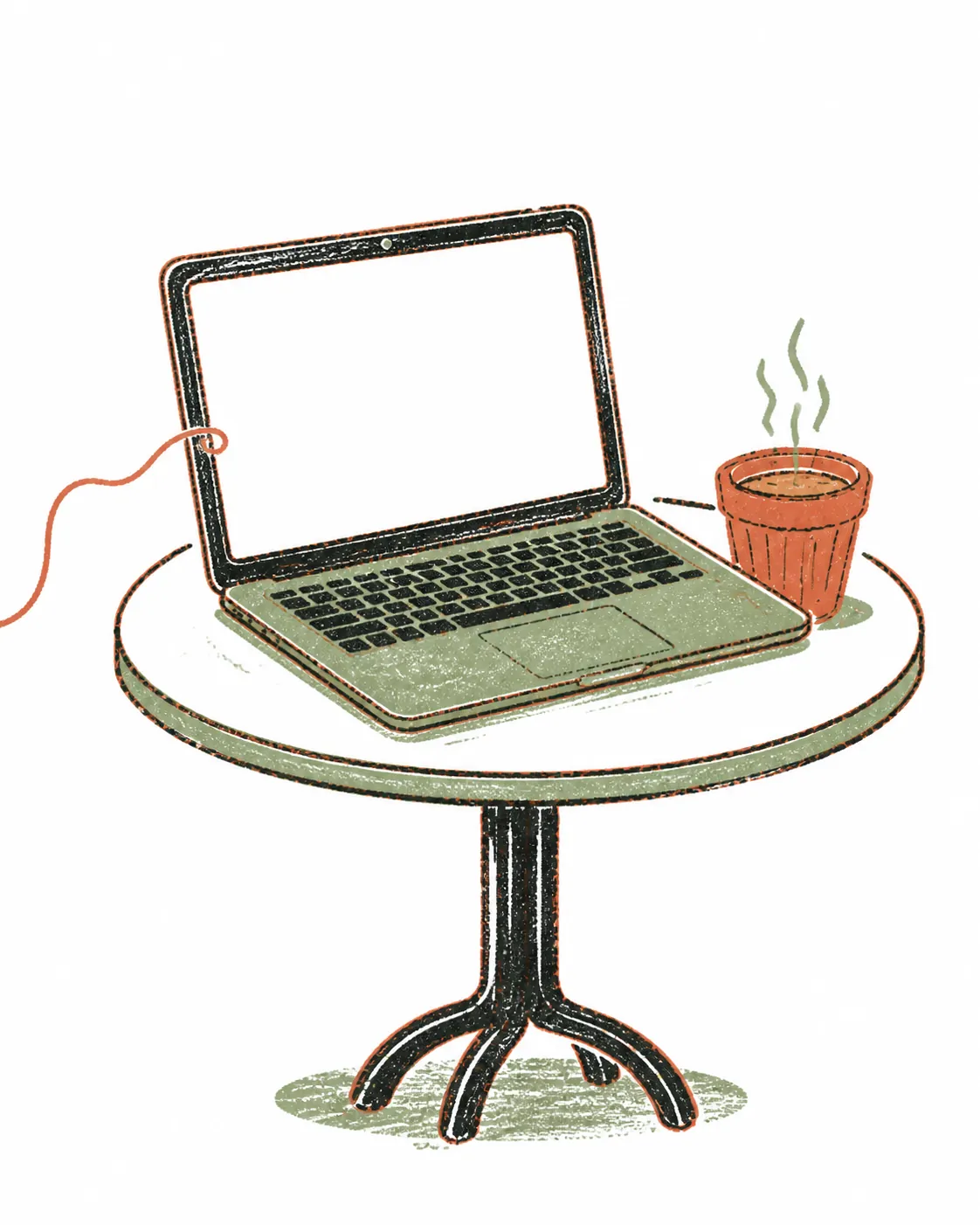 Hand-drawn laptop beside a steaming chai cup, a thread running from the screen