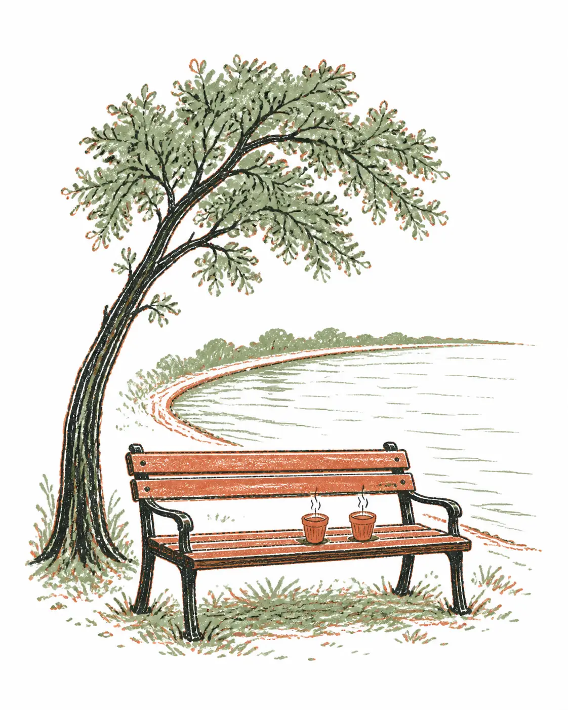 Hand-drawn lakeside bench under a leaning tree with two chai cups, the curve of Powai Lake behind