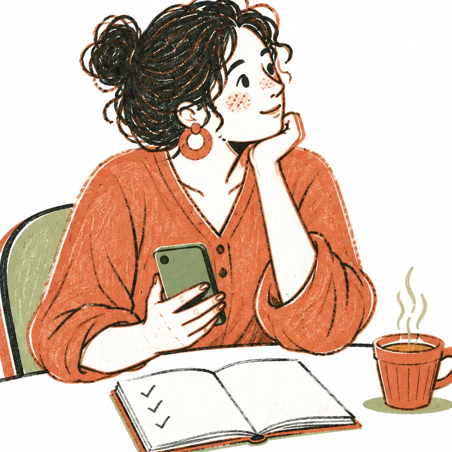 A person at a desk with a phone in one hand and a notebook in front of them, thinking.