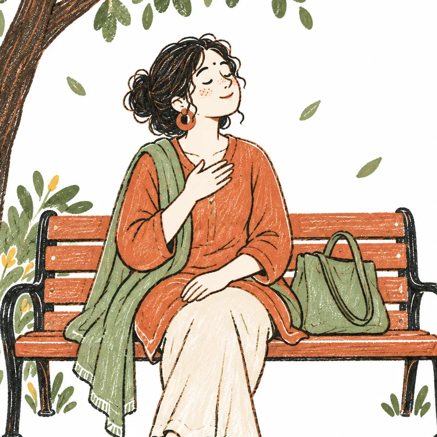 A person sitting on a bench under a tree with eyes closed, taking a slow breath.