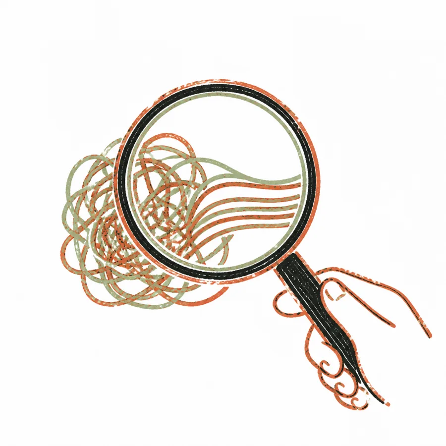Hand-drawn magnifying glass, with tangled threads passing through it and coming out straight