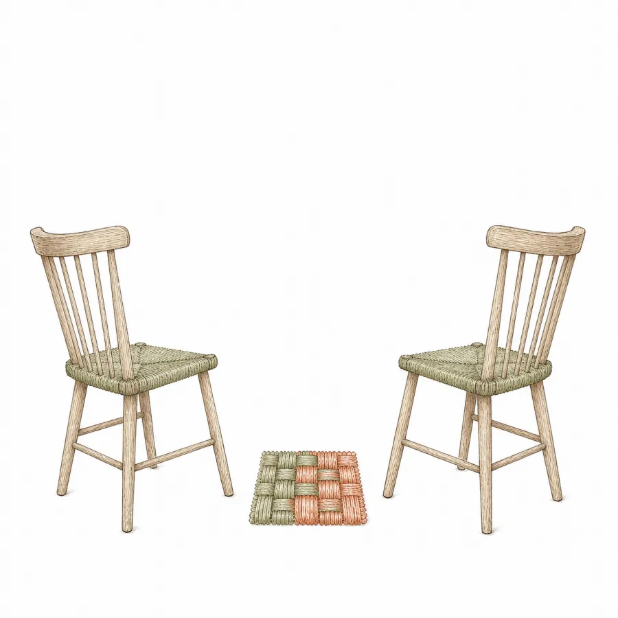 Two chairs beside a woven square