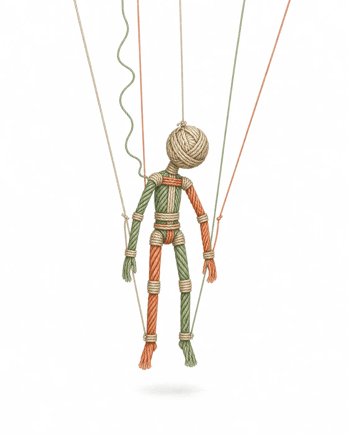 Rope marionette hanging from strings pulled at uneven tension
