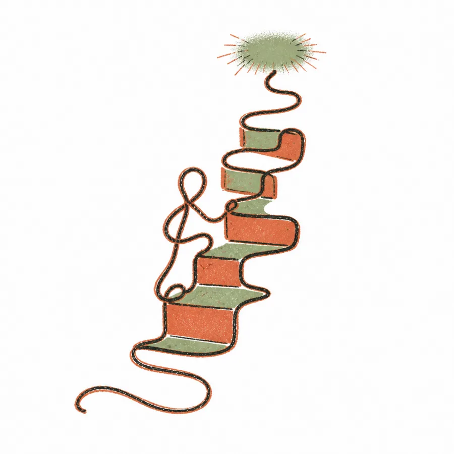 Rope figure weaving the next stair as it climbs toward light