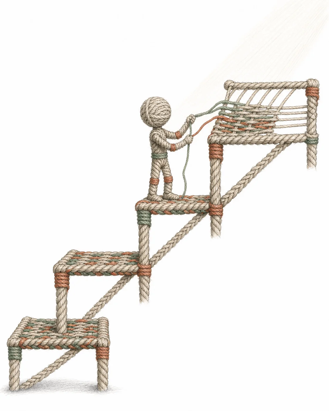 Rope figure weaving the next stair as it climbs toward light