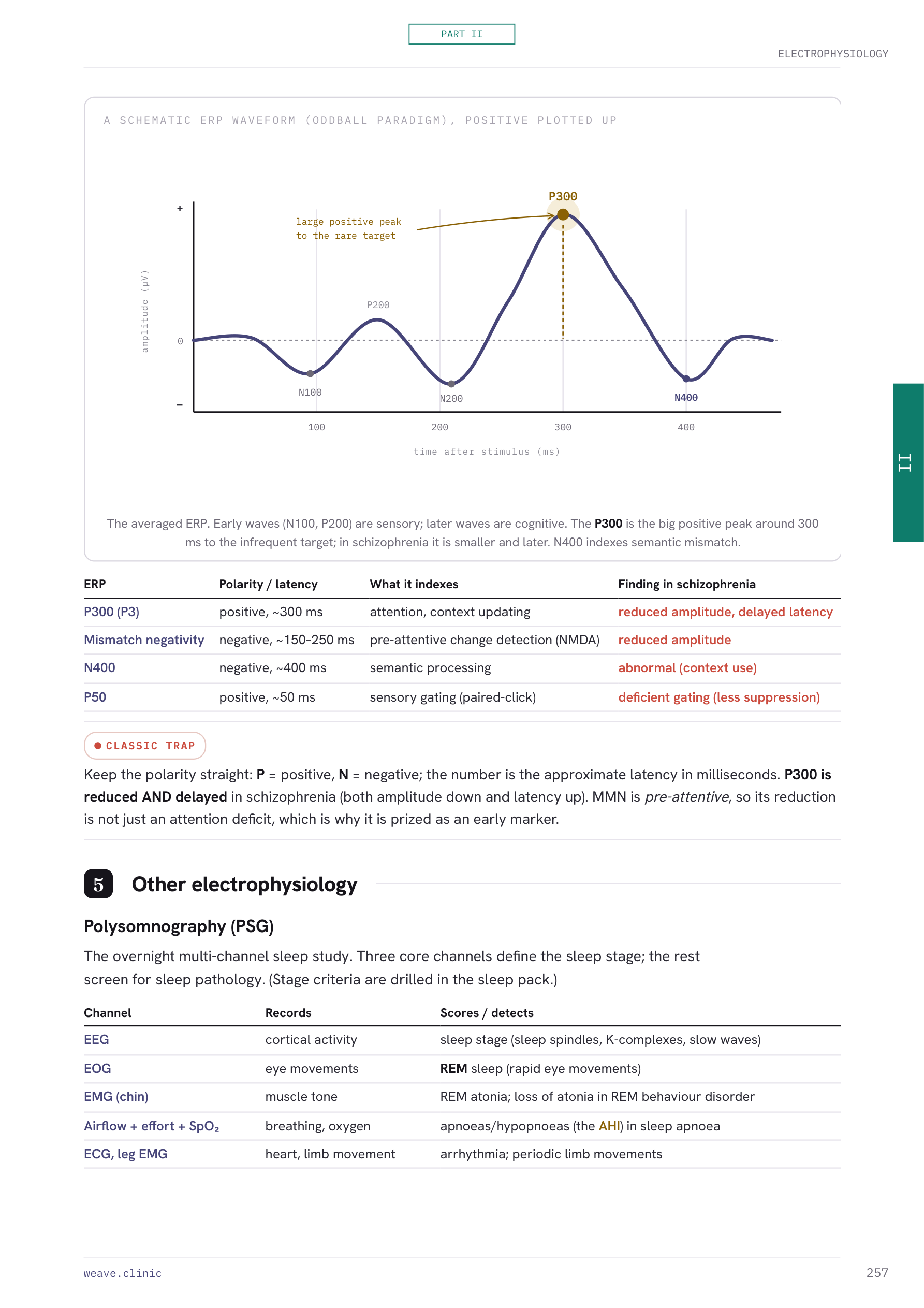 A page showing the event-related potential waveform with its components named